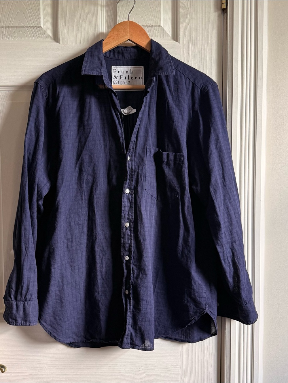 Frank & Eileen “Joedy” Boyfriend Button-Down, Navy Textured Windowpane — Size M